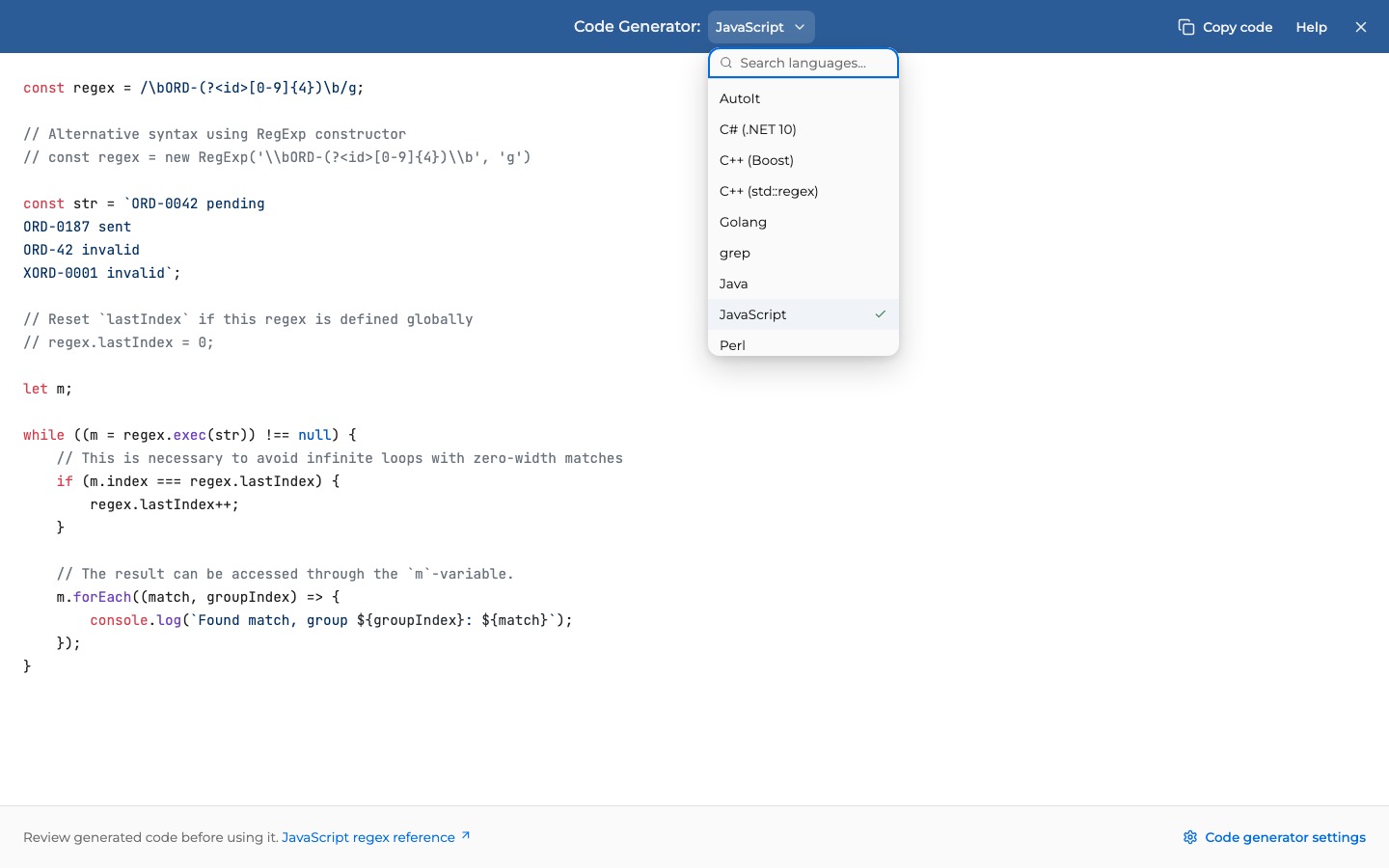 Code Generator with the Language menu open and JavaScript selected. The Copy code button is at the upper right.