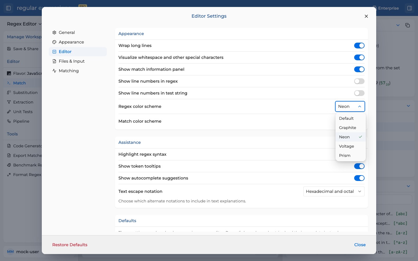 Editor Settings with the Regex color scheme menu open and Neon selected.