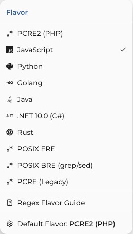 The flavor selector lists the available regex engines.