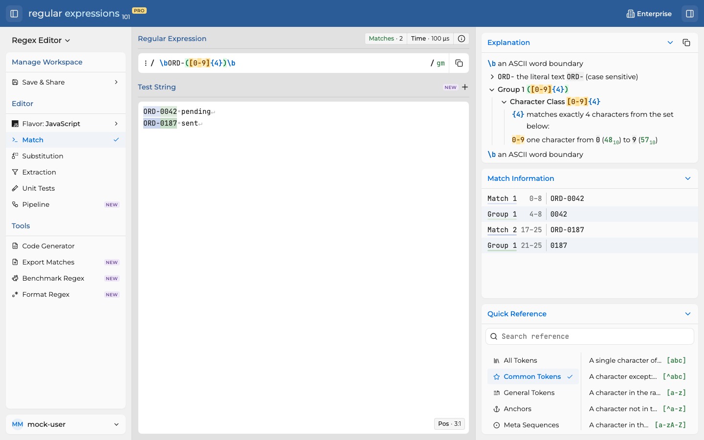The contents of orders.txt in the test string editor, with ORD-0042 and ORD-0187 matched.