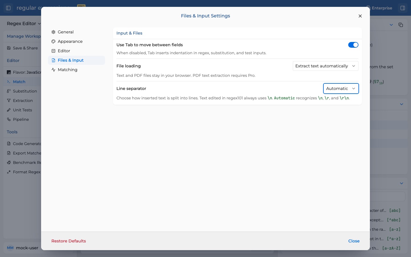Files and Input Settings with Extract text automatically selected for File loading.