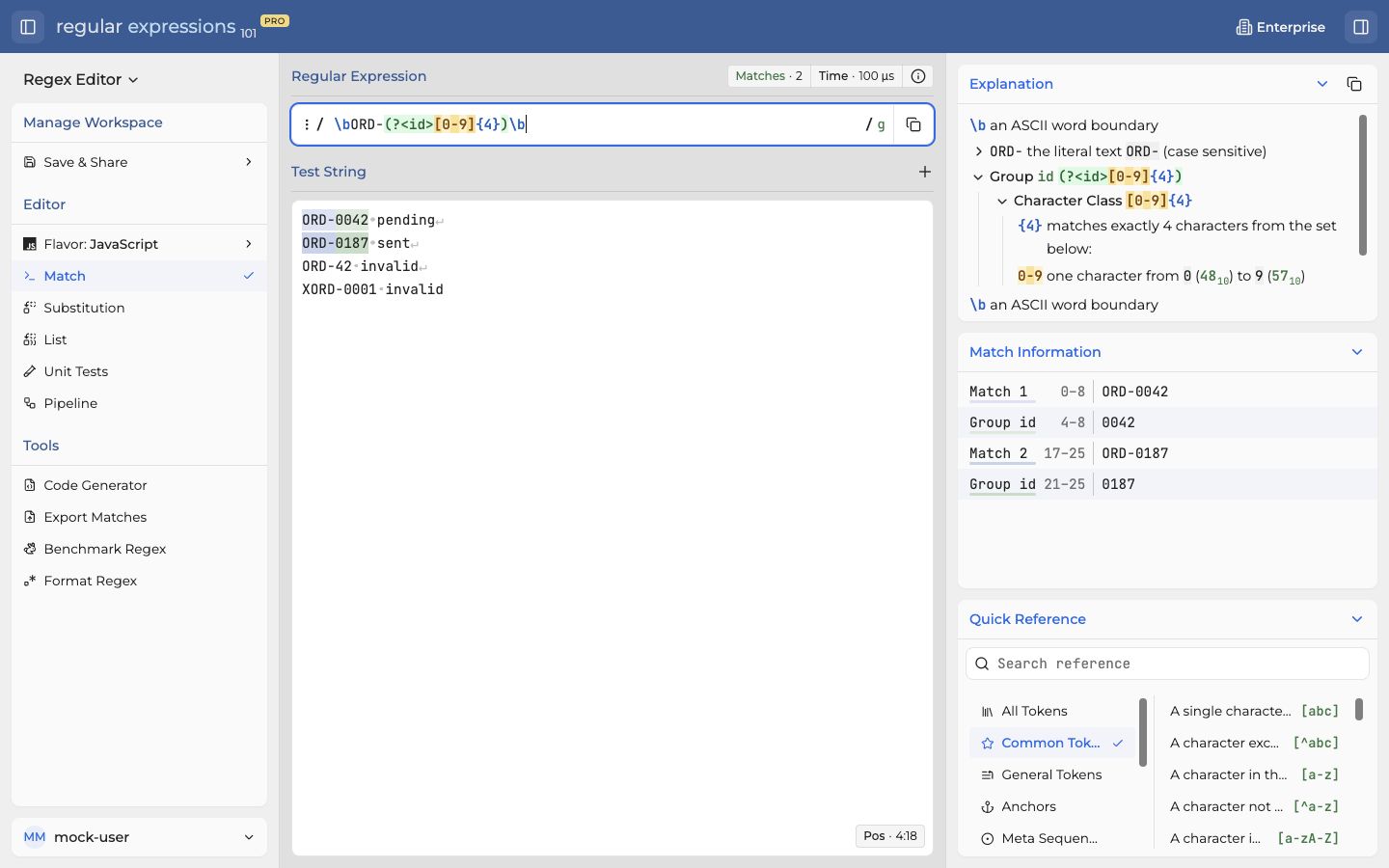 regex101 generation 6 with workspace navigation, the regex editor, explanation, and match information.