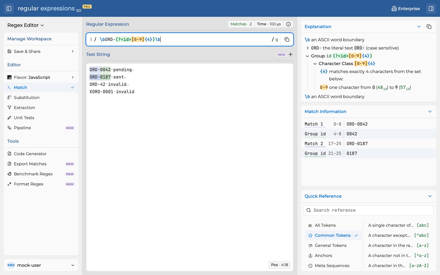 Named group id links the highlighted digits to the match details.