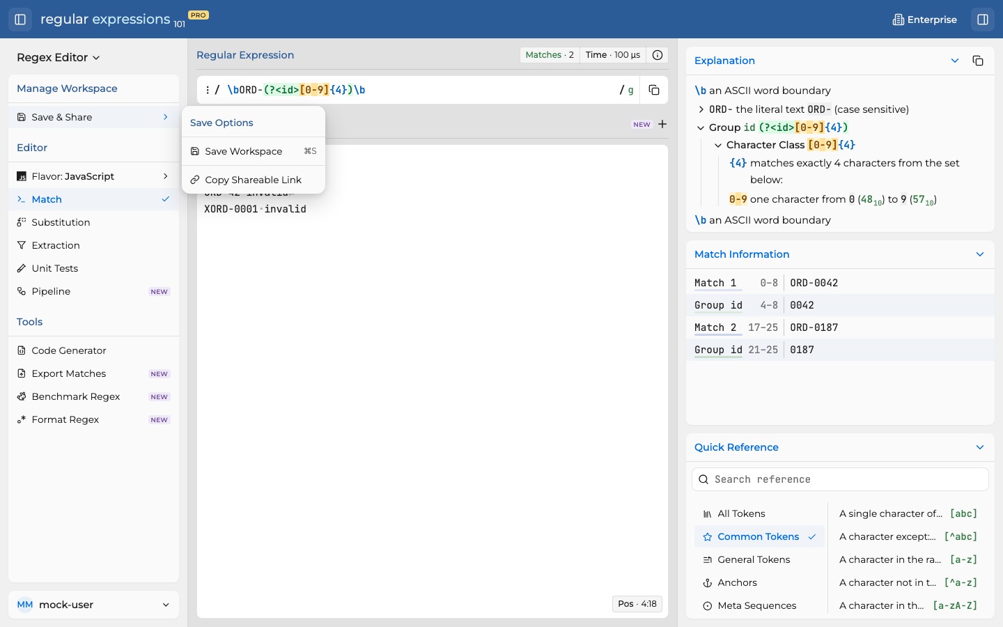 Save and Share menu with Save Workspace and Copy Shareable Link.