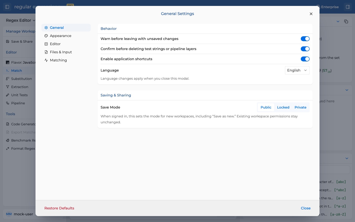 Settings shows Public, Locked, and Private save modes for new workspaces.