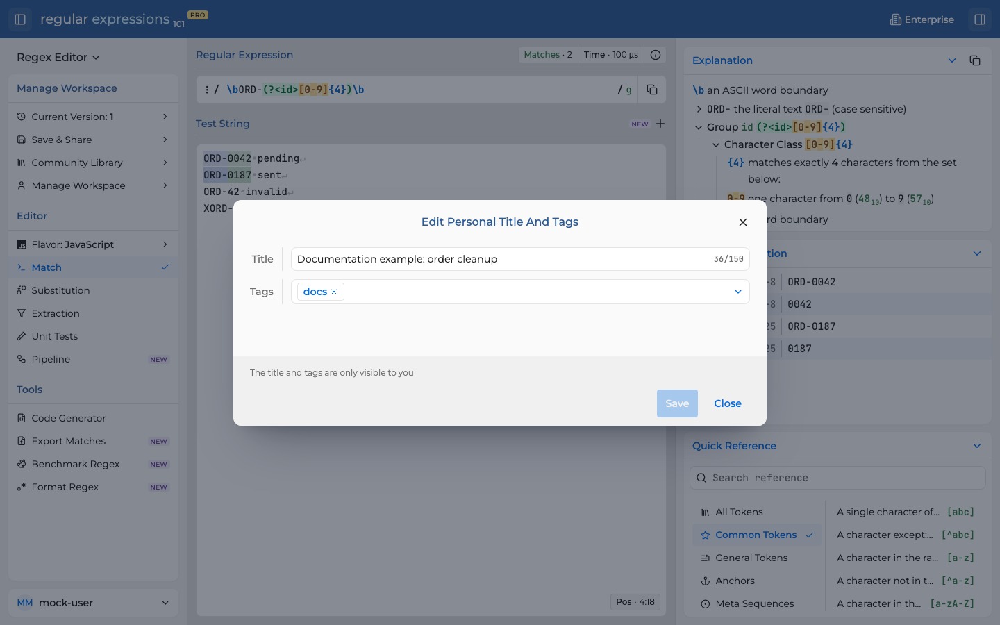 Edit Personal Title And Tags dialog with the title Documentation example: order cleanup and the saved docs tag.