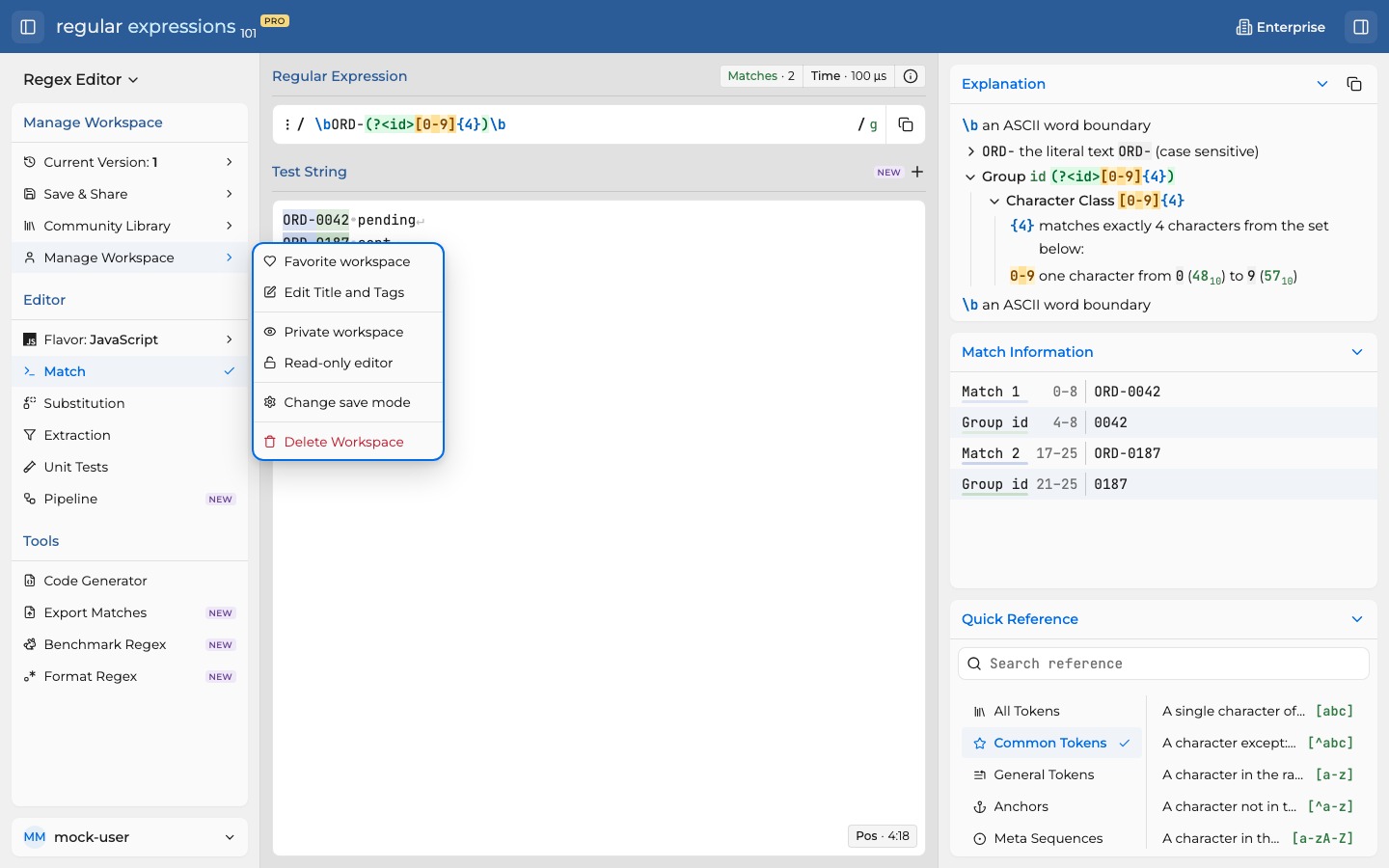 Manage Workspace menu with Favorite workspace checked and separate Private workspace and Read-only editor controls.