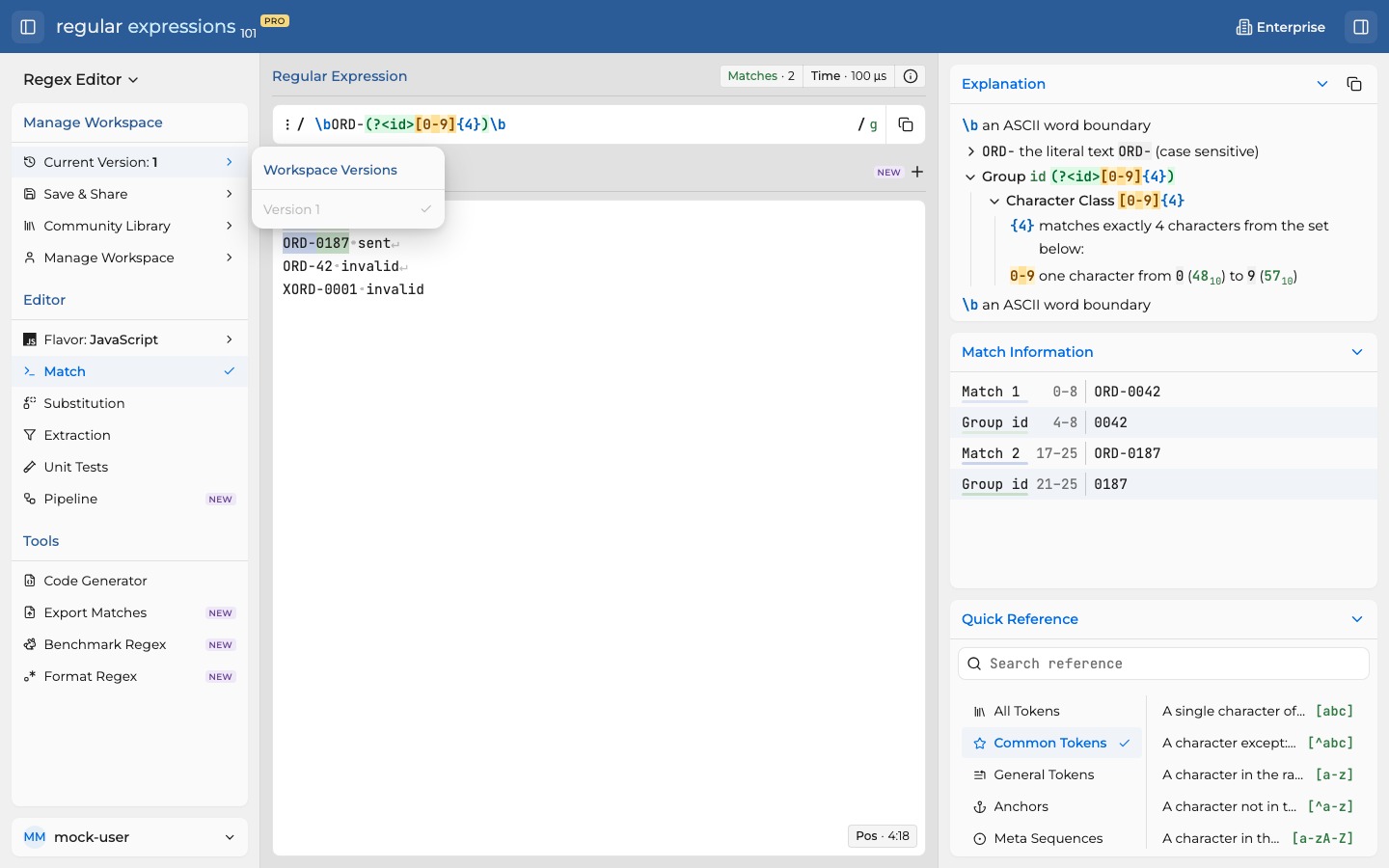 Current Version menu shows Workspace Versions with Version 1 selected for a saved synthetic pipeline.